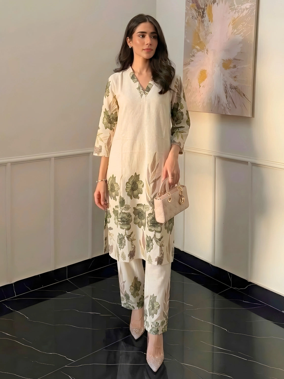 Cream and Olive Green Floral Kurta Pant Set