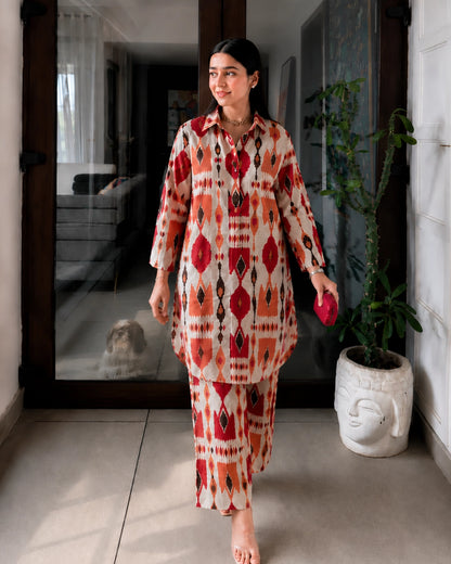 Red Ikat Print Cotton Co-ord Set with Shirt Collar for Office Wear