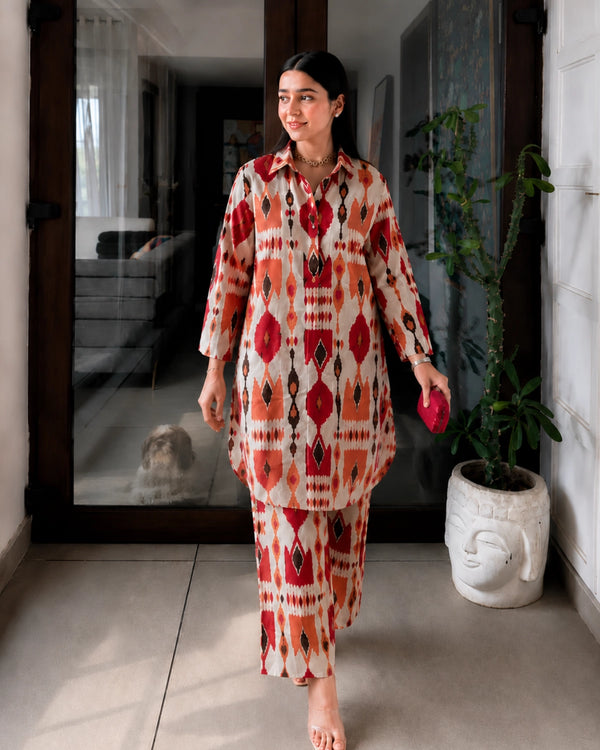 Red Ikat Print Cotton Co-ord Set with Shirt Collar for Office Wear