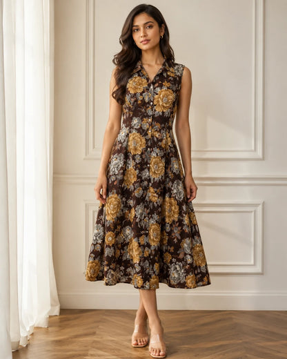 Floral Print Sleeveless Collared Rayon Midi Dress for Vacation