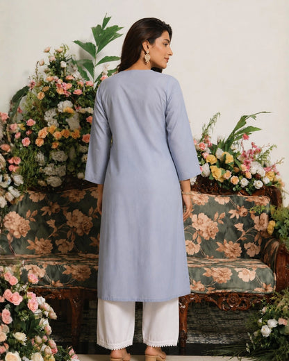 Powder Blue Chikankari Embroidered Cotton Kurti for Office Wear