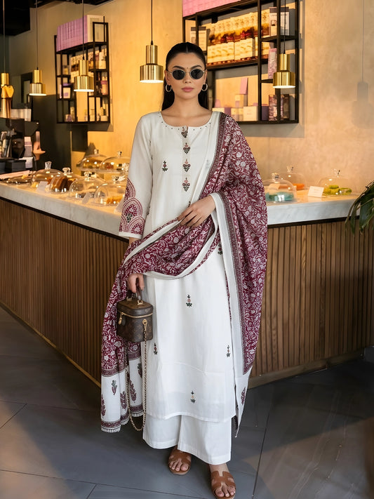 Off-White & Maroon Embroidered Kurta Suit Set