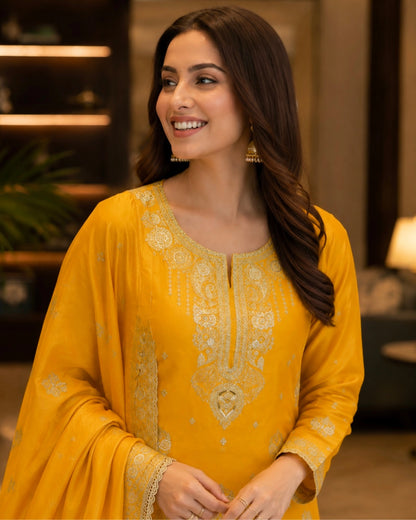 Mustard Yellow Thread Work Viscose Unstitched Suit for Daily Wear