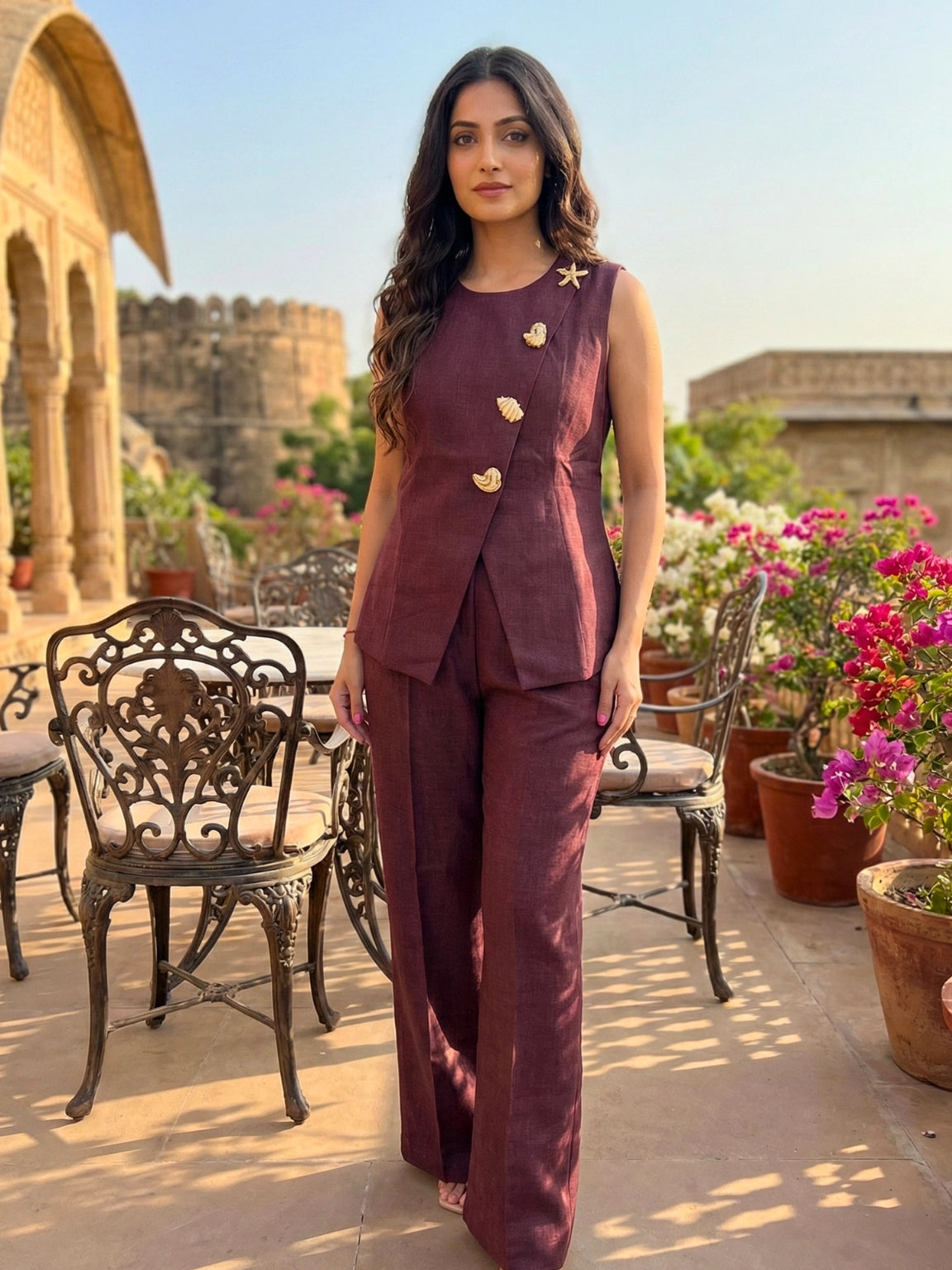 Wine Linen Asymmetric Vest & Trouser Set