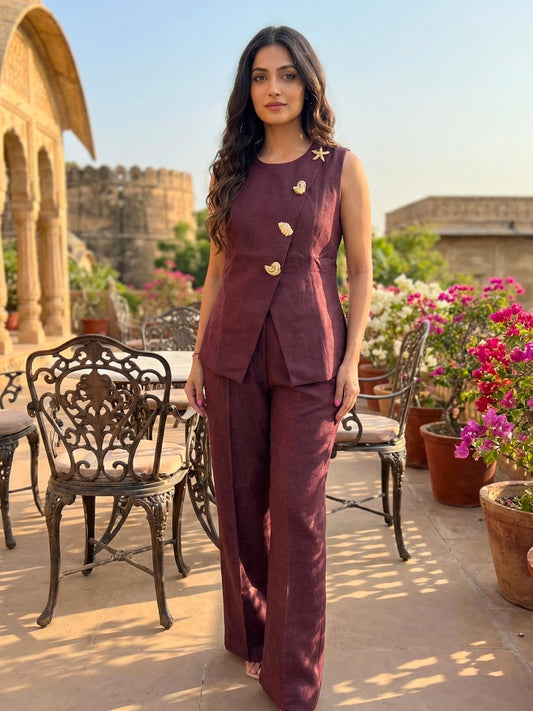 Wine Linen Asymmetric Vest & Trouser Set
