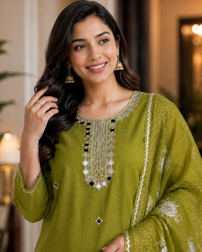 Olive Green Mirror Work Mul Chanderi Unstitched Suit for Daily Wear