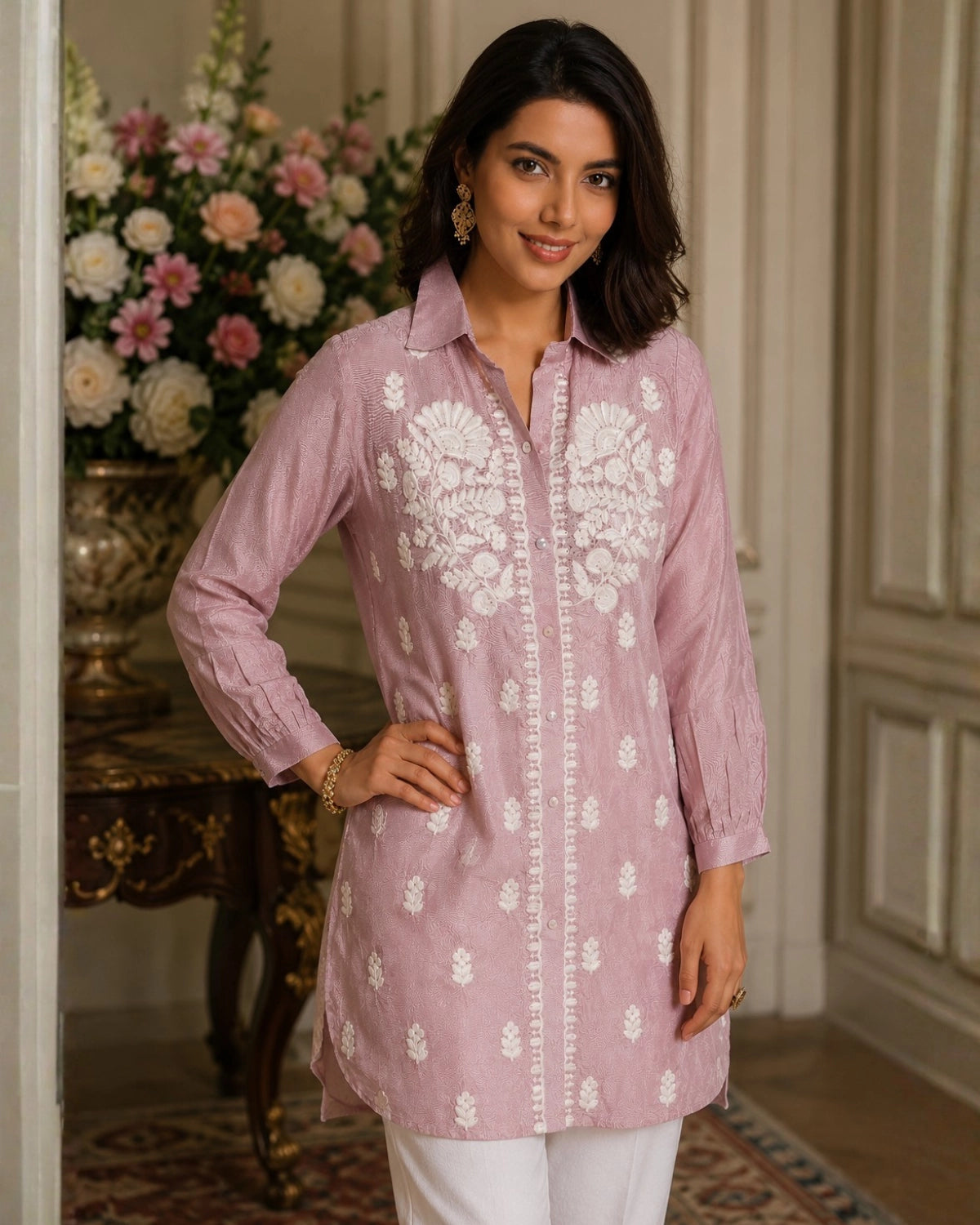 Mauve Chikankari Embroidered Muslin Shirt for Office Wear