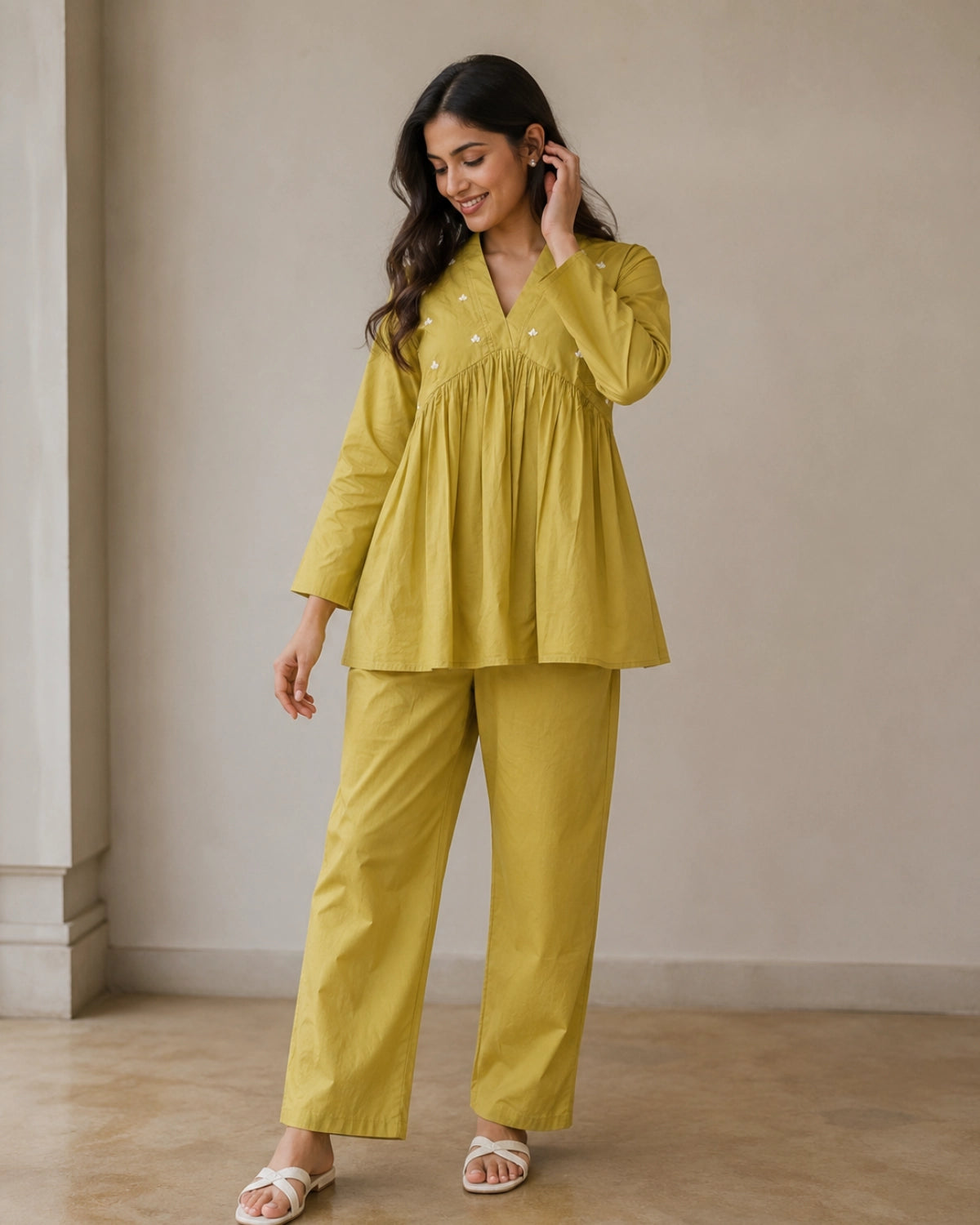 Mirror Work Cotton Co-ord Set with V Neck for Vacation Wear