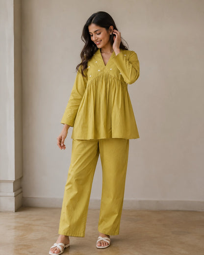 Mirror Work Cotton Co-ord Set with V Neck for Vacation Wear