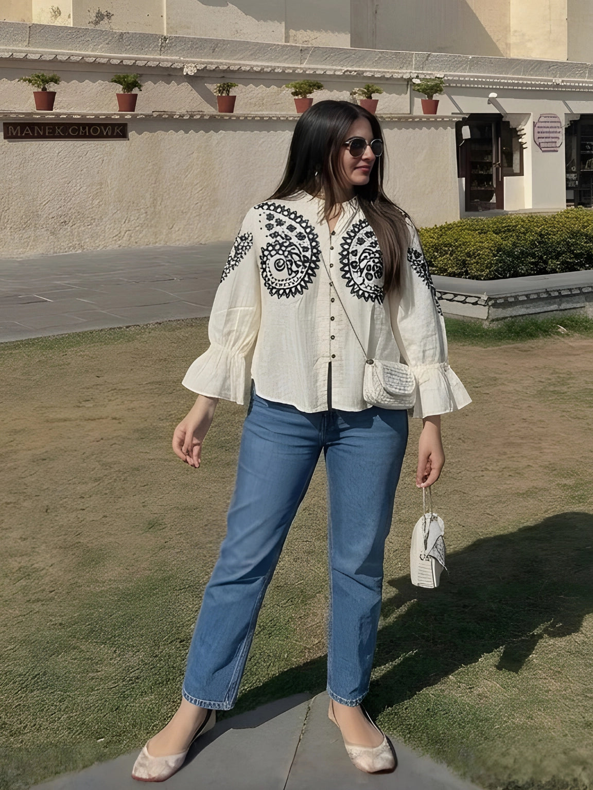 Off-White Embroidered Bell-Sleeve Top