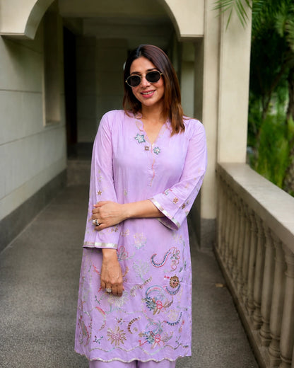 Lavender Embroidered Cotton Kurta Pant Set for Office Wear