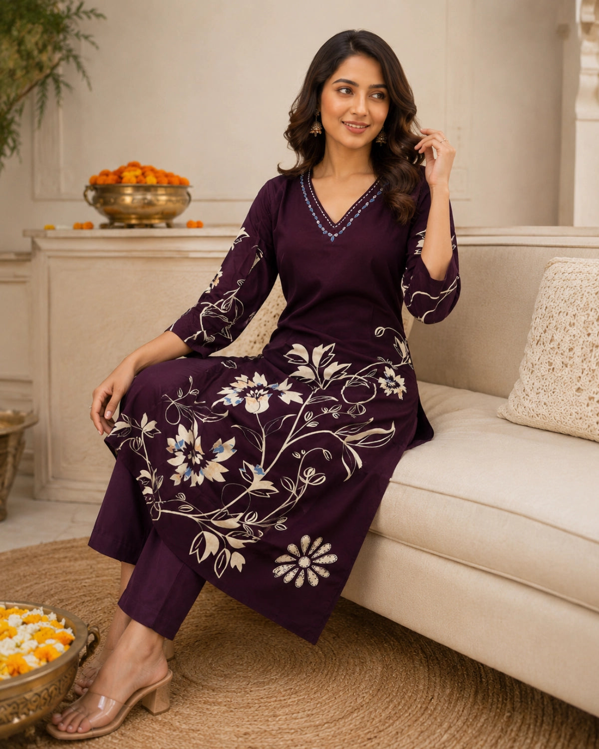 Floral Print Rayon Kurta Pant Set with V Neck for Daily Wear