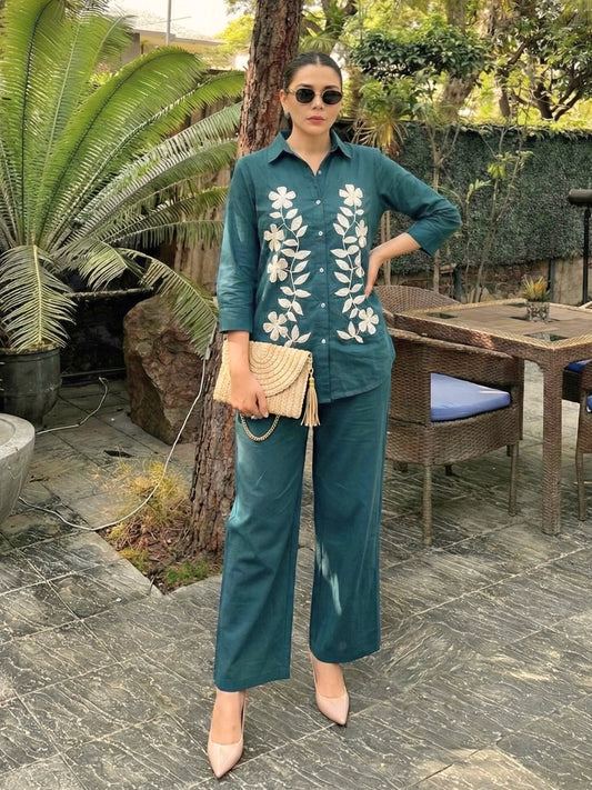 Embroidered Teal Floral Co-Ord Set
