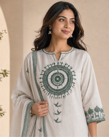 Off-White Warli Print Cotton Kurta Pant Dupatta for Daily Wear
