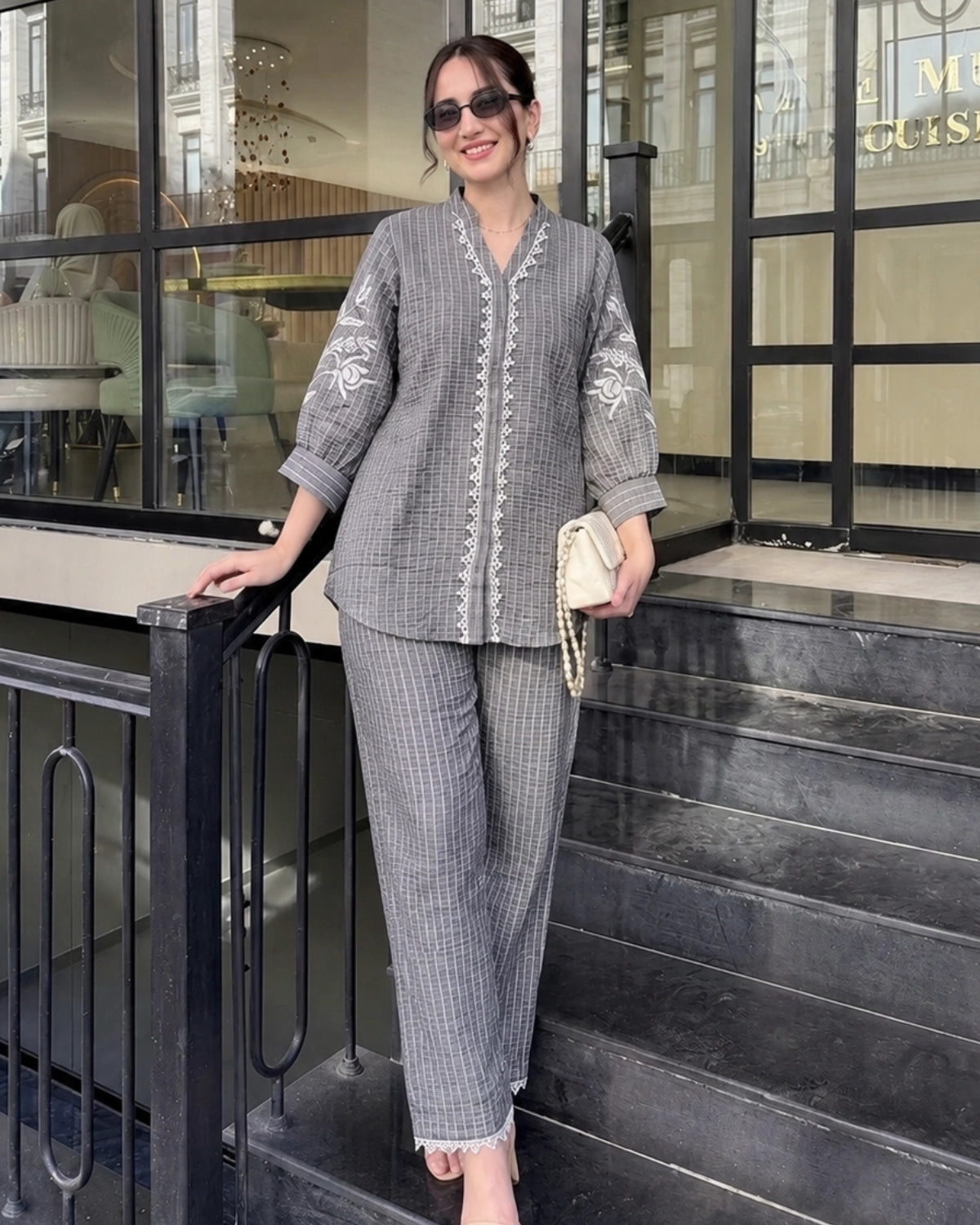 Thread Work Imported Co-ord Set with Mandarin Neck and Lace Trim for Vacation Wear