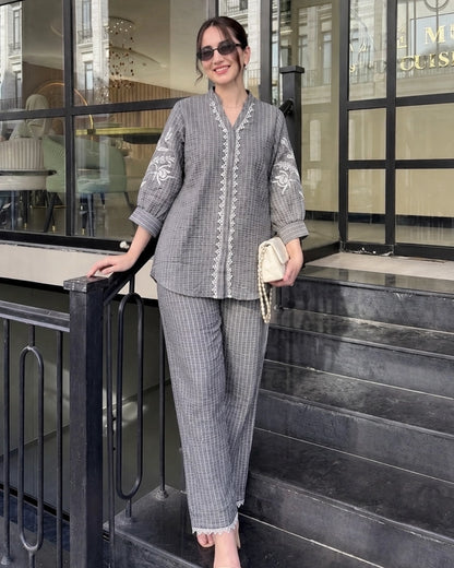 Thread Work Imported Co-ord Set with Mandarin Neck and Lace Trim for Vacation Wear