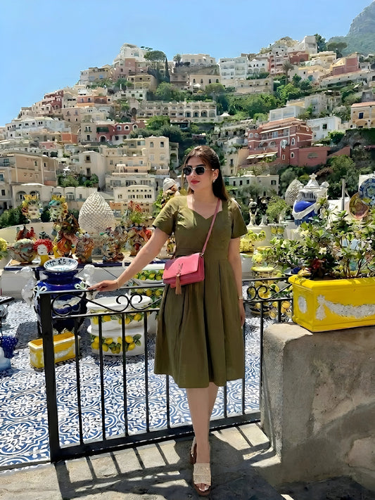 Olive Green V-Neck Pleated Midi Dress