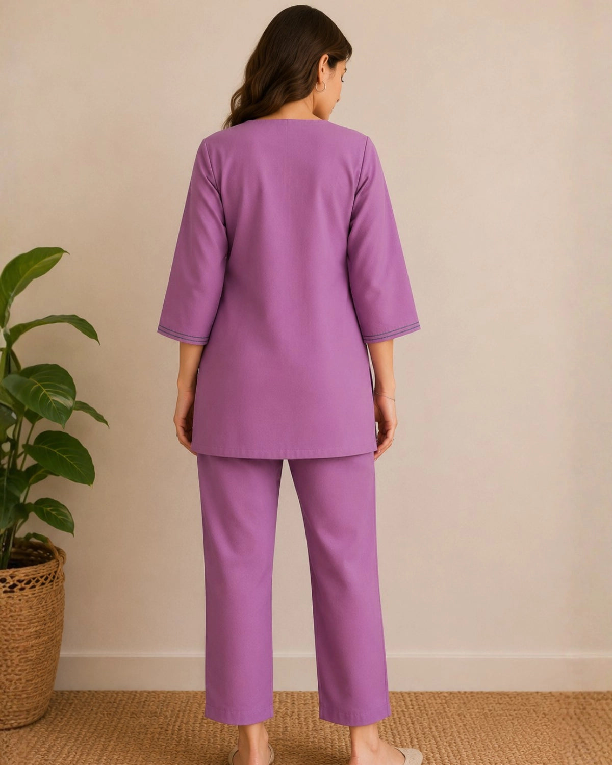 Floral Thread Work Cotton Co-ord Set with Notch Neck for Vacation Wear