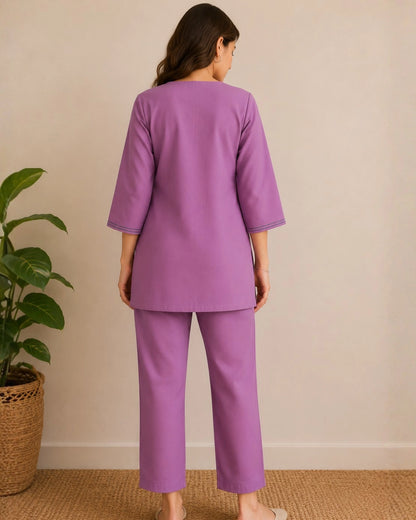 Floral Thread Work Cotton Co-ord Set with Notch Neck for Vacation Wear