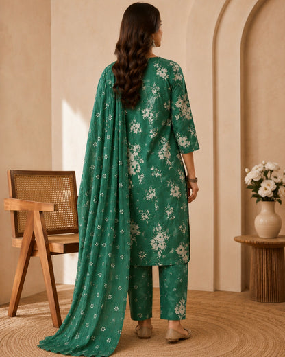Bottle Green Floral Cotton Kurta Pant Dupatta for Daily Wear