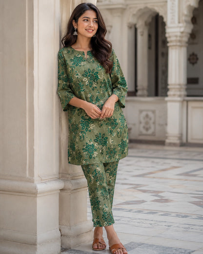 Green Floral Print Cotton Co-ord Set for Daily Wear