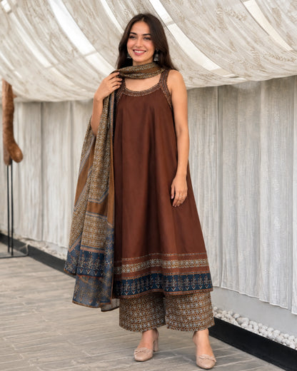Brown Ajrakh Print Cotton Anarkali Kurta Set with Dupatta for Daily Wear
