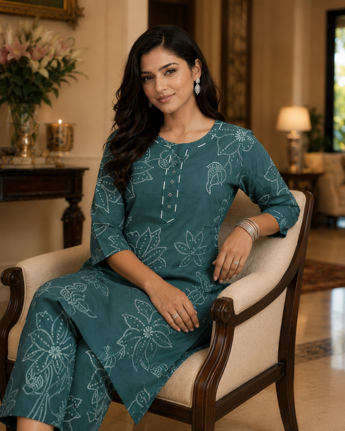Teal Bandhani Print Rayon Kurta Pant Set for Daily Wear