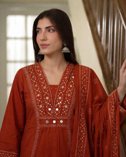 Rust Mirror Work Cotton Kurta Pant Dupatta Set for Daily Wear