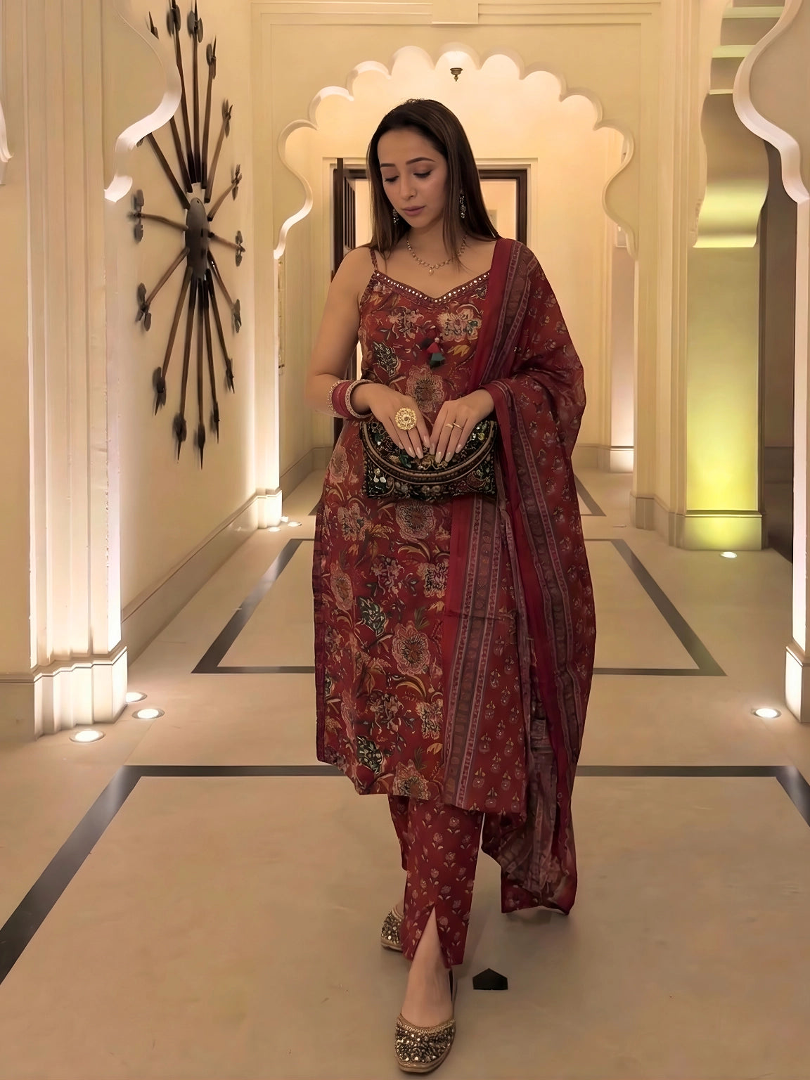 Maroon Floral Print Strappy Kurta Set