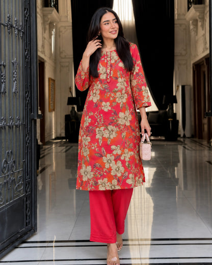Coral Pink Floral Print Kurta Pant Set with Round Neck for Daily Wear