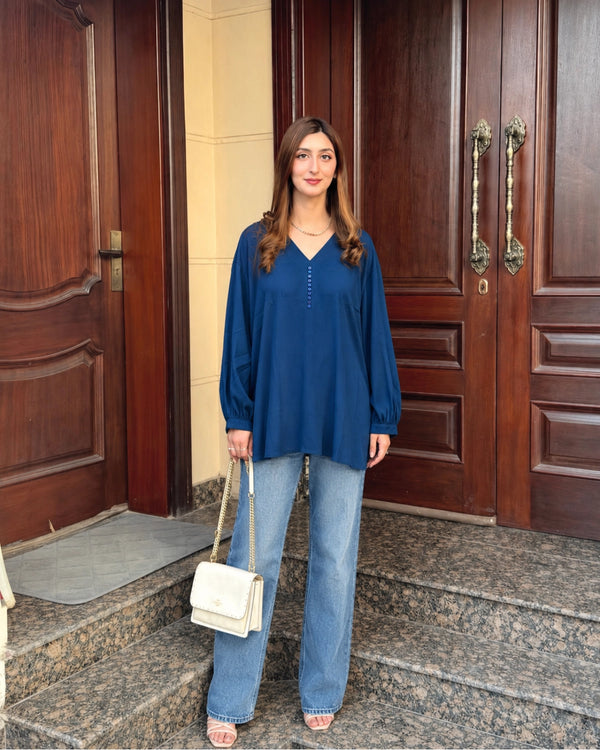 Teal Blue Imported V-Neck Top with Button Placket for Vacation Wear