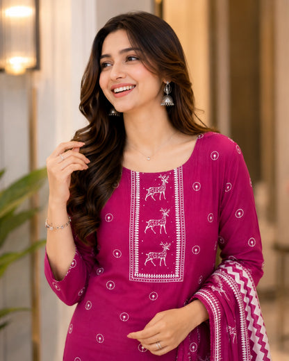 Rani Pink Block Print Cotton Unstitched Suit for Daily Wear