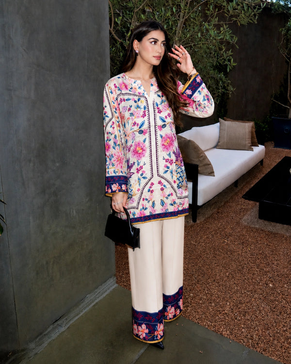Ivory Floral Crepe Co-ord Set with Border Print for Vacation Wear