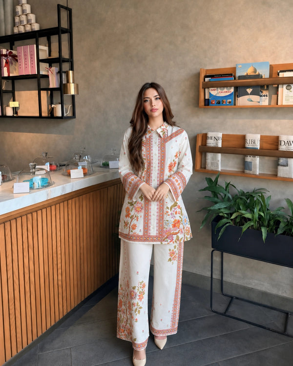Ivory Floral Chiffon Co-Ord Set with Border Print for Vacation Wear