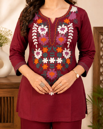 Maroon Embroidered Cotton Co-Ord Set with Notch Neck for Vacation Wear