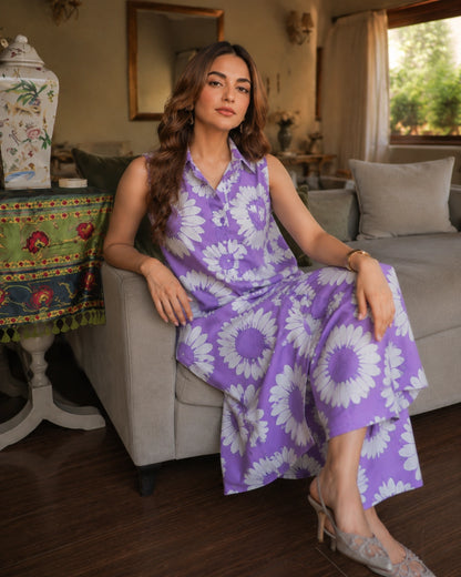 Floral Print Rayon Co-Ord Set with Collar Neck for Vacation Wear