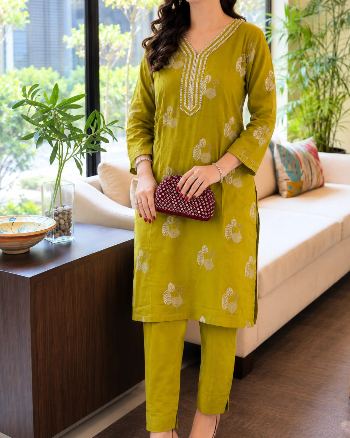 Olive Green Embroidered Cotton Kurta Pant Set for Office Wear