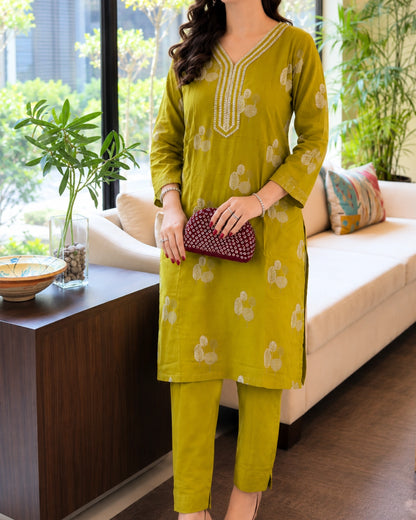 Olive Green Embroidered Cotton Kurta Pant Set for Office Wear