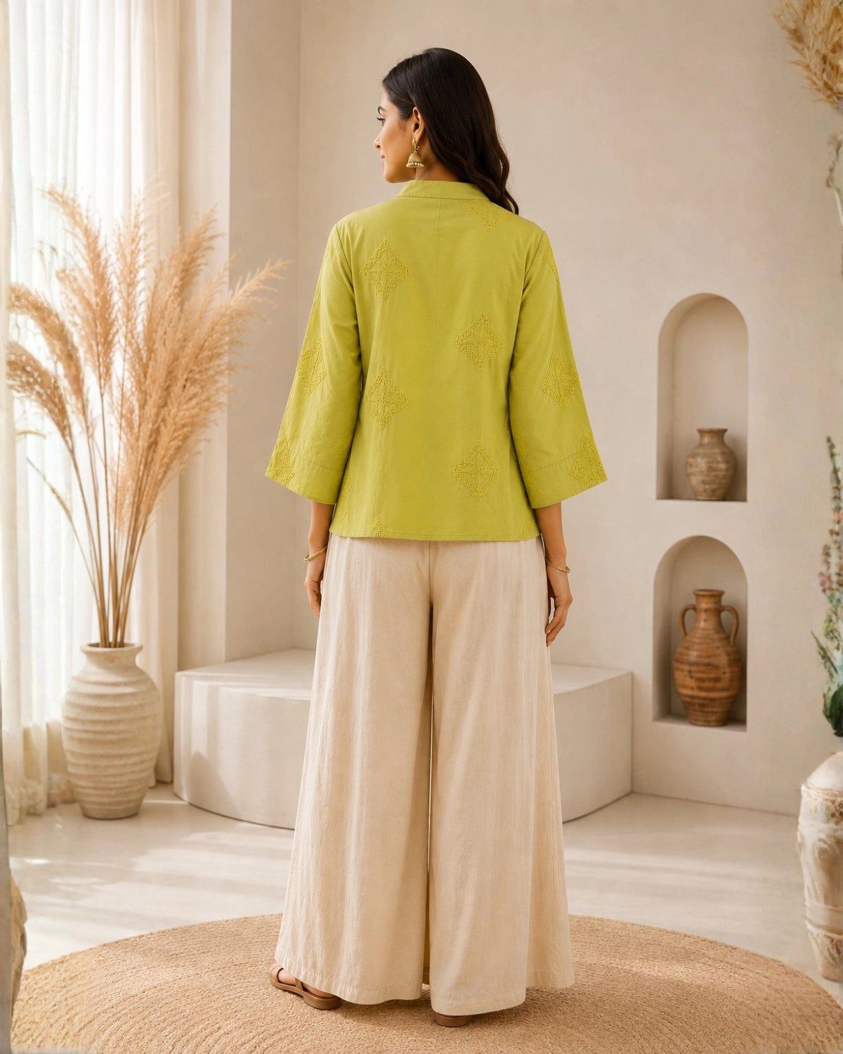 Thread Work Imported Kurti with Mandarin Neck Collar for Vacation Wear