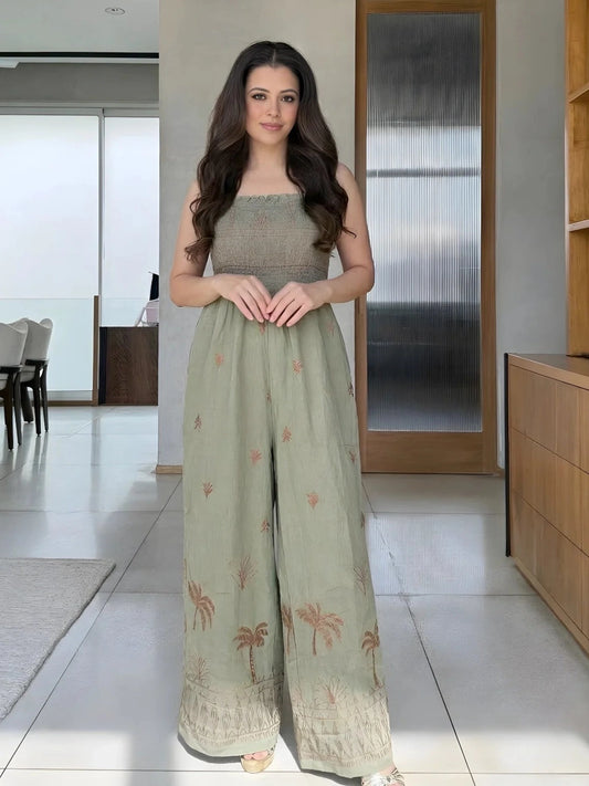 Sage Green Smocked Tropical Wide-Leg Jumpsuit