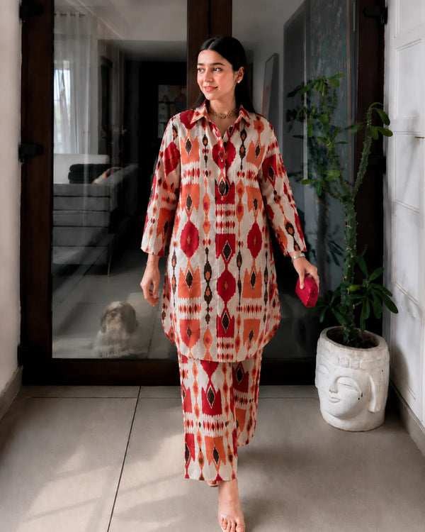 Ikat Print Cotton Co-ord Set with Collar Neck for Vacation Wear