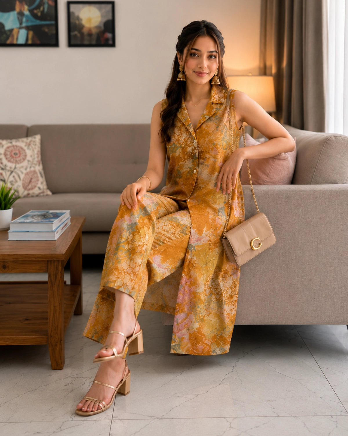 Sleeveless Floral Print Rayon Co-Ord Set for Daily Wear