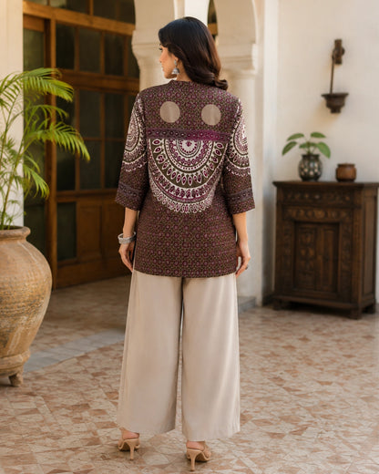 Wine Ajrakh Print Crepe Short Shirt with Collar Neck for Vacation Wear
