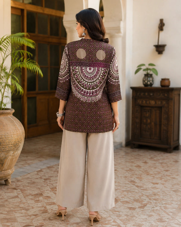 Wine Ajrakh Print Crepe Short Shirt with Collar Neck for Vacation Wear — image 4