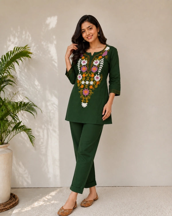 Floral Thread Work Cotton Co-ord Set with Notch Neck for Vacation Wear — image 2