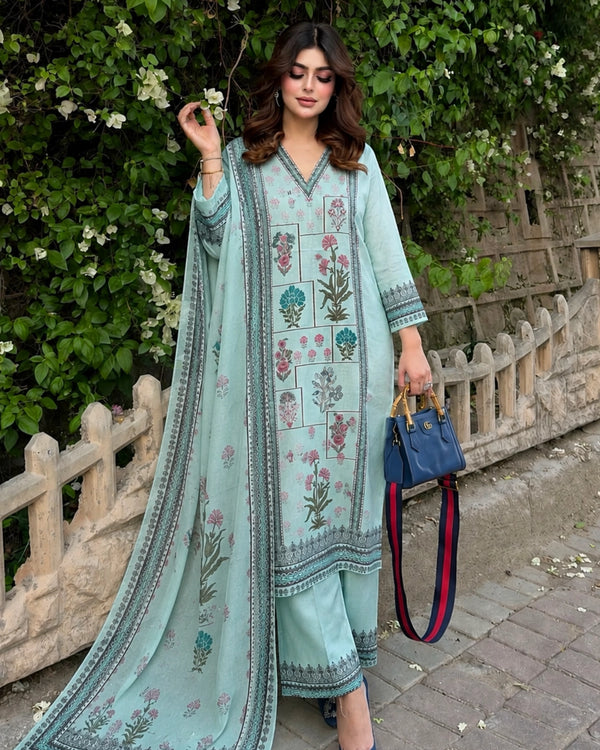 Mint Floral Block Print Cotton Kurta Pant Dupatta Set for Office Wear