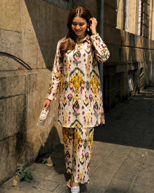 Cream Ikat Print Cotton Co-ord Set for Office and Vacation Wear