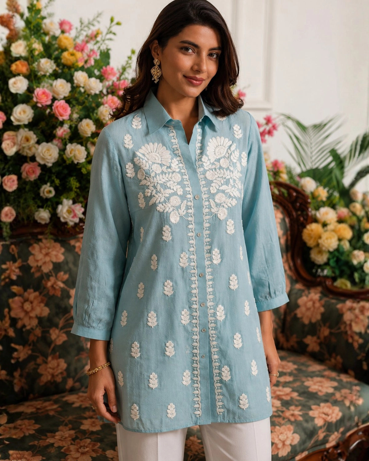Powder Blue Chikankari Embroidered Muslin Shirt for Office Wear