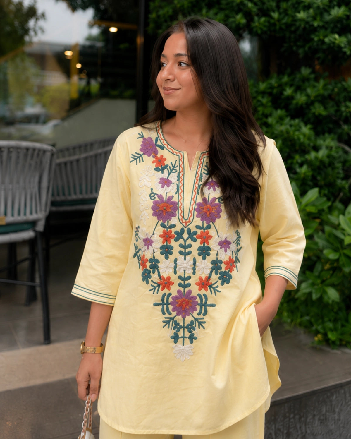 Butter Yellow Floral Embroidered Cotton Co-ord Set for Vacation Wear