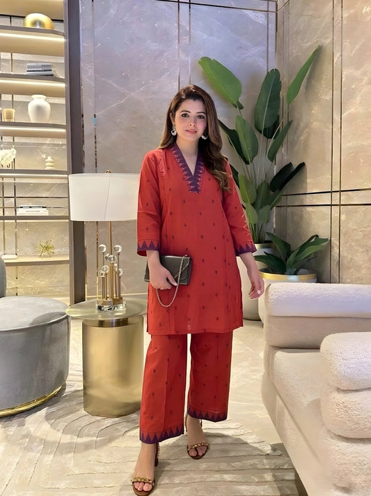 Terracotta Red Geometric Embroidered Kurta Pant Set